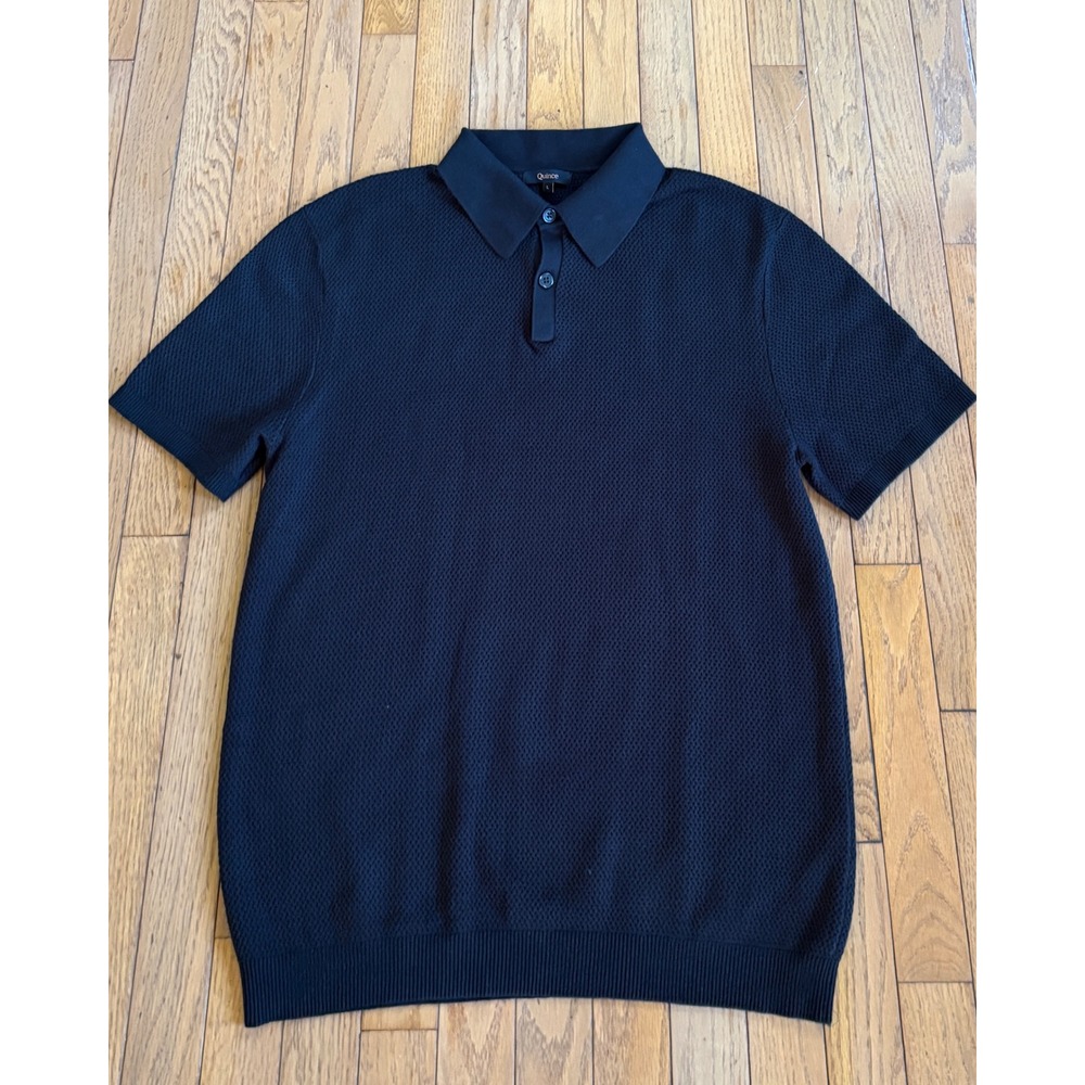 Quince Mesh Knit Polo Shirt 100% Organic Cotton Textured Stitch Large Black Mens